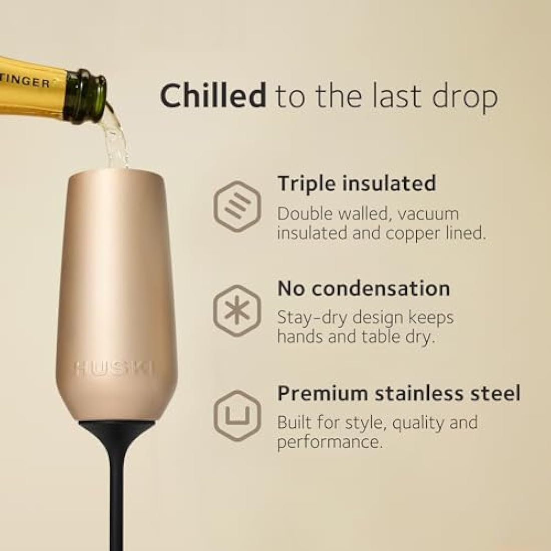 Huski Champagne Flute | New | Award-Winning Design with Detachable Stem | Premium Stainless Steel Champagne Glass with Lid | Triple Insulated Tumbler | 240ml Capacity | Great Gift (Powder Pink)