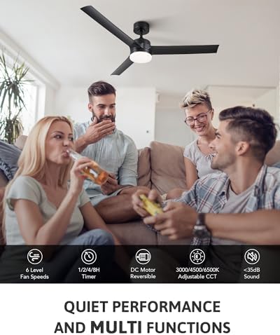 VONLUCE Ceiling Fans with Lights, 52 Inch Modern Ceiling Fan and Remote, 6 Speed Reversible Quiet DC Motor, Ceiling Fan for Bedroom Patio, Indoor & Outdoor, Black