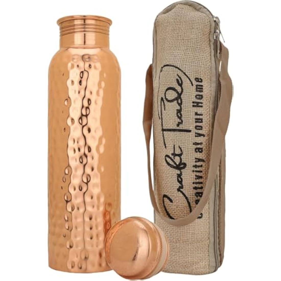 Craft Trade Pack of 2 Pure Copper Bottle with Lid and Carry Bag for Drinking Water BPA Free Leak Proof Boosts Immunity, Supports Digestive & Liver Health, Ayurveda Inspired 34oz - 1 Litre Natural