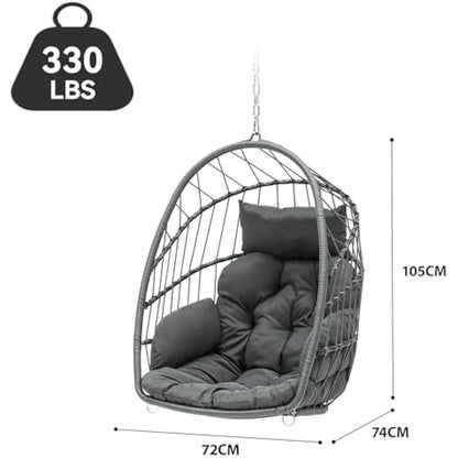 YITAHOME Rattan Egg Chair Max. load 150 kg Garden Egg Chair with 2 Cushions, 105 x 74 x 72 cm Iron Sturdy Steel Frame, Hanging Egg Chair with a Chain & S Hook for Patio, Garden, Living Room, Grey