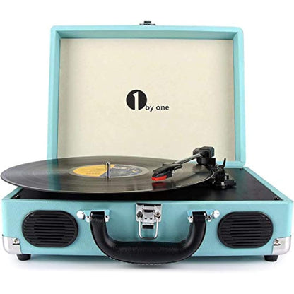 1 BY ONE Bluetooth Record Player Belt-Drive 3-Speed Portable Vinyl Turntable with Built in Speakers, Supports RCA Output, Headphone Jack, MP3, Mobile Phones Music Playback, Turquoise