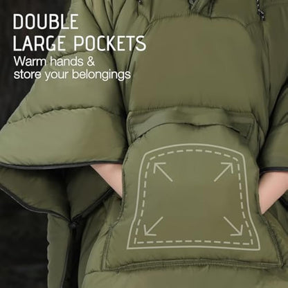 REDCAMP Wearable Camping Blanket Lightweight, Multifunctional Warm Travel Quilt Waterproof, Compact Wearable Poncho with Detachable Hood for Camping, Hiking (Army Green)