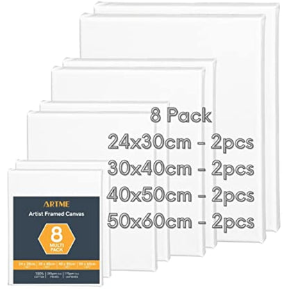 Artme Pre-Stretched Canvas 8pcs –24x30, 30x40, 40x50, 50x60 Assorted Artist Framed Canvas/ 280GSM/100% Cotton/Blank/Triple Primed/Acid Free/Medium Grain/ 1.7cm - Acrylic/Oil