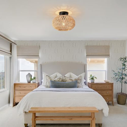 FORCOSO Rattan Ceiling Light, Boho Lamp Light Shade Rattan Lampshade, E27 Vintage Chandelier Light Fitting, Rustic Ceiling Lamp Fixtures for Living Room Bedroom Dining Room Kitchen Hallway