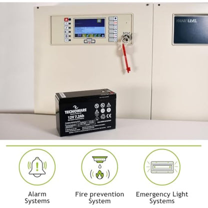 Tecnoware Power Systems - 12V Charge 7.2 Ah Lead-Acid Sealed Battery, for UPS, Video Surveillance and Alarm Systems, 2.5 Inch Faston Connection, Long Lasting, No Maintenance, Bianco, Size 7.2 Ah