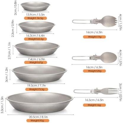 Aomiun 8PC Titanium Camping Plates Set with Utensils | Ultralight 5-Stack Outdoor Dinnerware (5 Plates + 3 Foldable Cutlery) | Corrosion-Resistant for Backpacking, Hiking, Picnic