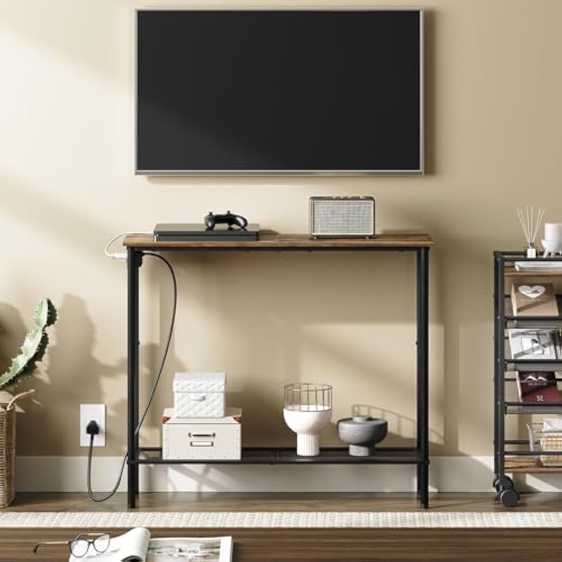 YATINEY Slim Console Table, Hallway Table with Power Outlet, 2-Tier Entryway Table with Storage Shelf, Behind Sofa Table for Living Room, Entryway, Rustic Brown and Black XCT02KBR