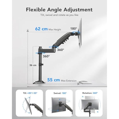 HUANUO Single Monitor Arm for 13" to 34" Screens, Single Monitor Stand with Pole for More Height Adjustments, Gas Spring Screen Arm Holds up to 19.8lbs, Swivel Screen Holder Desk Mount, VESA 75/100