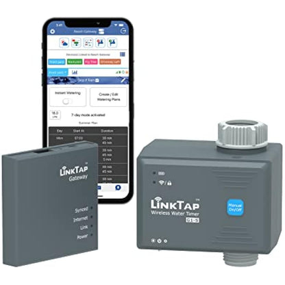 LinkTap G1S Wireless Water Timer & Gateway - Cloud Controlled Smart Tap Hose Timer & App, Remote Irrigation for Garden, Weather Awareness, Manual Control & Digital Lockout, 2 Year Battery Life, IP66