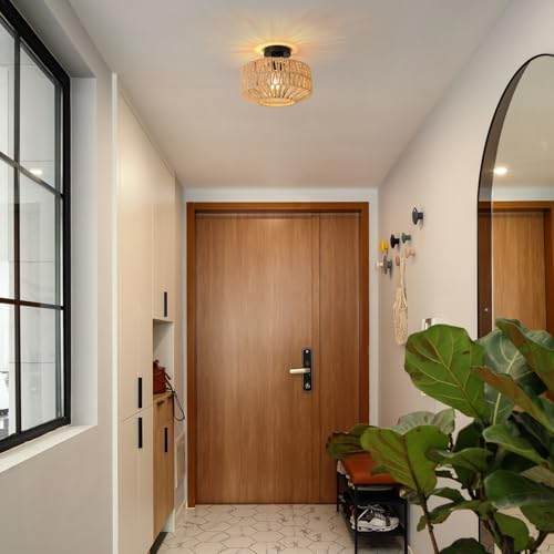 FORCOSO Rattan Ceiling Light, Boho Lamp with Natural Rattan Lampshade, E27 Vintage Chandelier Wicker Light Shade Fitting, Rustic Bamboo Lamp Fixtures for Living Room Bedroom Dining Kitchen Hallway