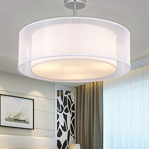 Ceiling Light, SPARKSOR Modern Fabric Pendant Light Shade, Large White Drum Lampshade, 2 Tiers Round Pendant Lamp, for Bedroom Living Room, Flush