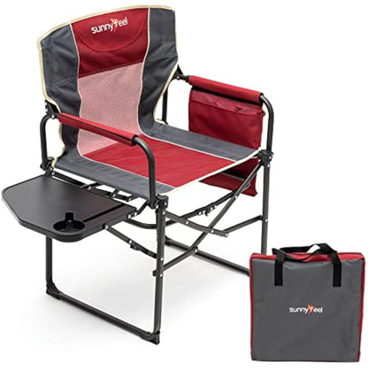 SUNNYFEEL Camping Director Chair, Portable Folding Chair with Side Table and Storage Pouches, Compact Heavy Duty for Adults Outdoor（Red）