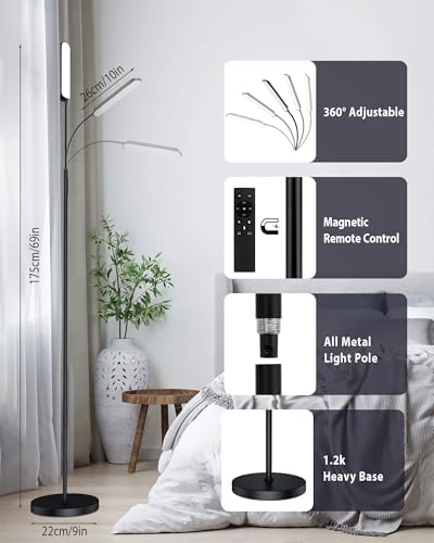 LED Floor Lamp 18W, Dimmable Modern Standing Light with 4 Color Temperature, Remote & Touch Control, 360° Adjustable Gooseneck, 1Hour Timer, Reading Floor Lamp For Living Room Bedroom Office（Black）