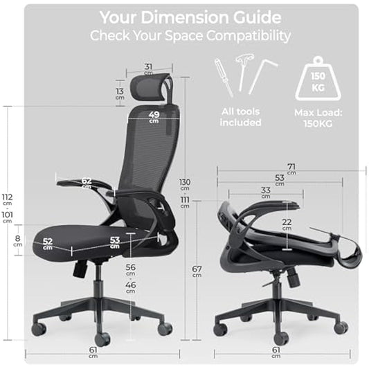 Tervo Model U | Folding Office Chair for Small Spaces | Ergonomic Design with High Rebound Mesh | Computer Desk Chair for Gaming | For Adults & Kids | Foldable & Compact with Flip Up Arms