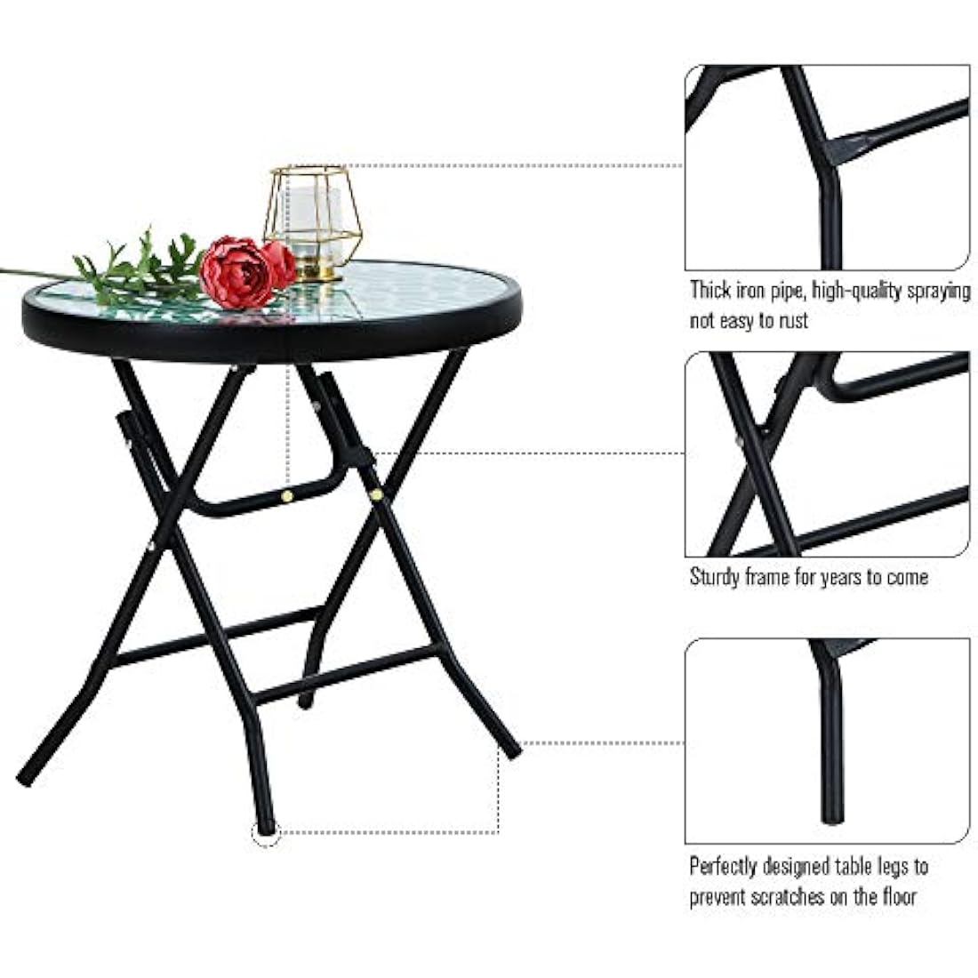 PHI VILLA Folding Side Table, Foldable Coffee Outdoor Garden Small Round Patio Table - Turquoise