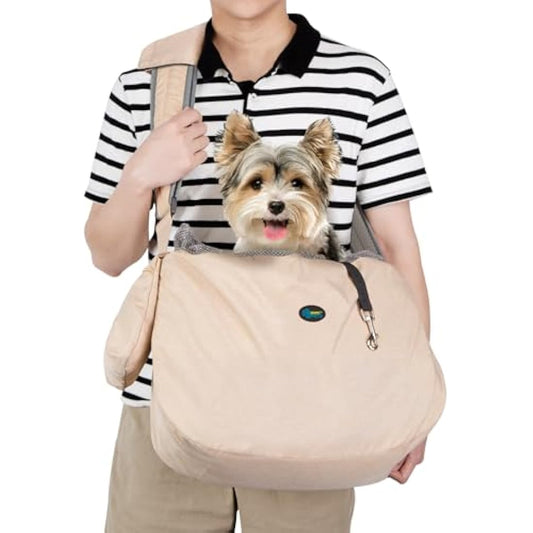 Ownpets Pet Sling Carrier, Fits 6.5 to 9kg Medium Dog/Cat Sling Carrier Reversible and Hands-Free Dog Bag with Adjustable Strap and Pocket Shoulder Pad for Outdoor Travel Hiking, Cream-Colored