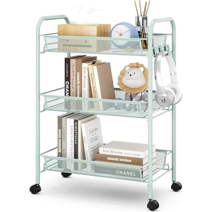 APEXCHASER 3-Tier Rolling Cart,Easy Assemble Mobile Storage Trolley On Wheels,Slide Out Utility Cart Shelving Units Kitchen Bathroom Laundry Room,Green