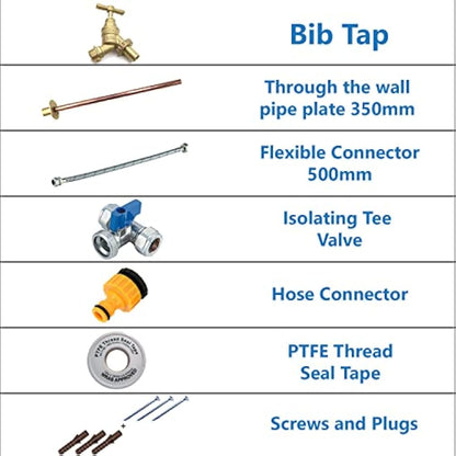 Pipestation® Complete Outside Tap Kit Garden Hose Fitting Set Tap + Wallplate Tube + PTFE + Connector +Flex+ Isolator Full kit