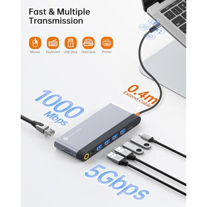 USB C Docking Station Quad Display, 14-in-1 Laptop Docking Station Dual Monitor, 8K@30Hz DP, Dual 4K@60Hz HDMI, VGA, 5 USB Data Ports, 100W PD, Ethernet, SD/TF, Mic/Audio, USB C HUB, Thunderbolt Dock