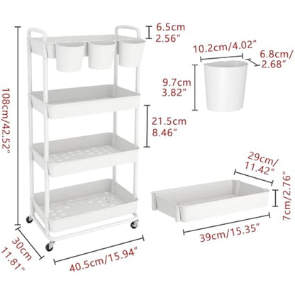 JIUYOTREE 4-Tier Plastic Rolling Storage Cart Utility Cart with Extra Hanging Cups Handles Lockable Wheels for Living Room Bathroom Kitchen Office White