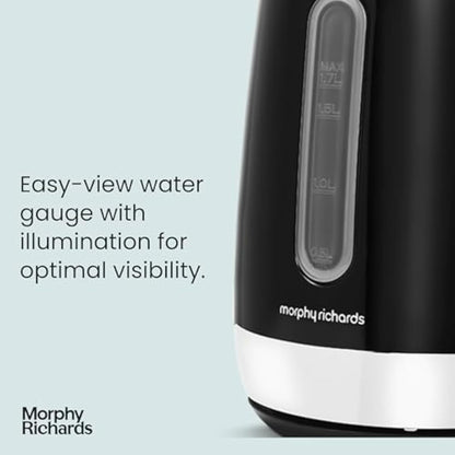Morphy Richards Equip Kettle, 1.7L, 3Kw Rapid boil, Removeable Limescale Filter, Easy View Water Gauge, Stainless Steel Case, Black, 102783