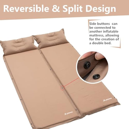 BISINNA Self-Inflating Camping Mat with Air Pillow – 3cm/5cm Thick, Snap-Buckle Design, Khaki/Olive Green, Compact & Lightweight