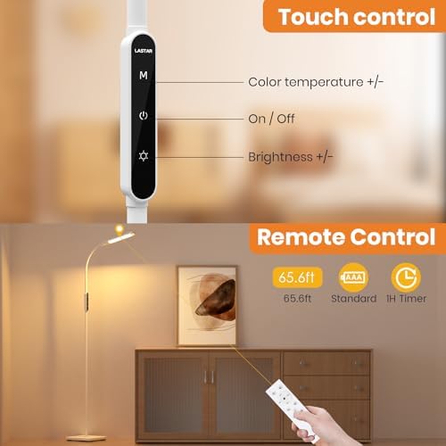 Lastar LED Floor Lamp, Reading Standing Lamps with Remote and Touch Control for Living Room, Bedroom, Office with 4 Color Temperature & 4 Brightness Levels, 60 min Timer & Memory Function (White)