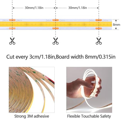 GOMING 49.2ft/15M DC 24V COB LED Strip Light Cool White 6000K 5760LEDs CRI 93+ 11000lm Uniform Glow Not Waterproof IP20 Flexible LED Tape Lights for