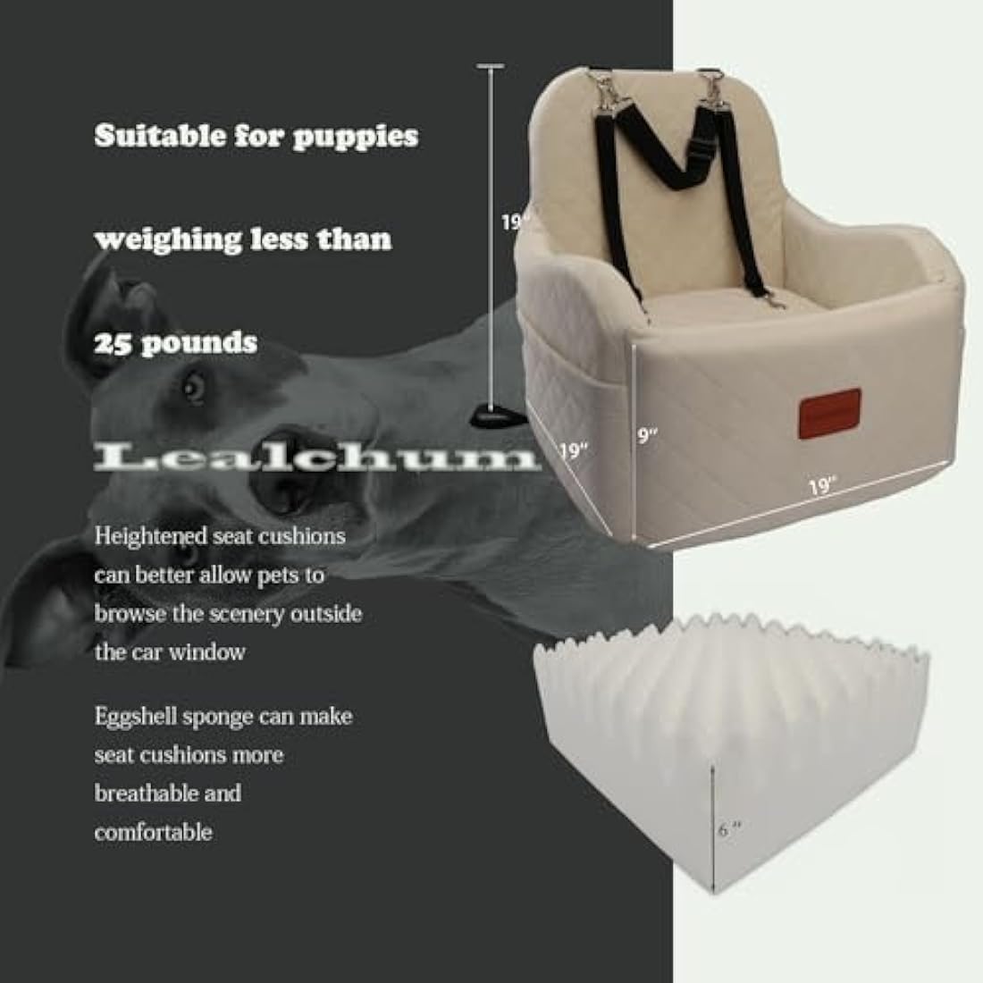 Lealchum Dog Booster Car Seat for Small/Medium Dogs,Puppy Portable Seat for Car with Elevated Cushion,Fully Detachable and Washable Pet Seat with Storage Pockets,Easy to Install (Beige, Medium)