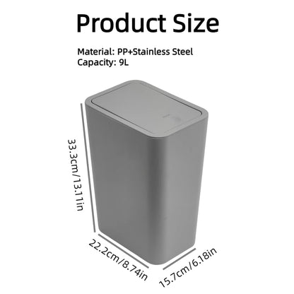 Sightday 2Pack 9L Grey Plastic Rectangular Bin with Lid, Push Button, Kitchen, Bathroom, Bedroom, Office, Living Room, Tight Spaces, Portable