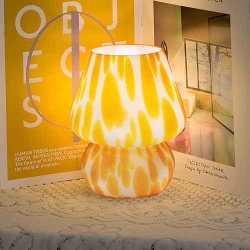 MLOQI Mushroom Lamp Aesthetic Room Decor, Small Table Lamp Glass Vintage Bedside Lamp, Cute Night Light (Orange)