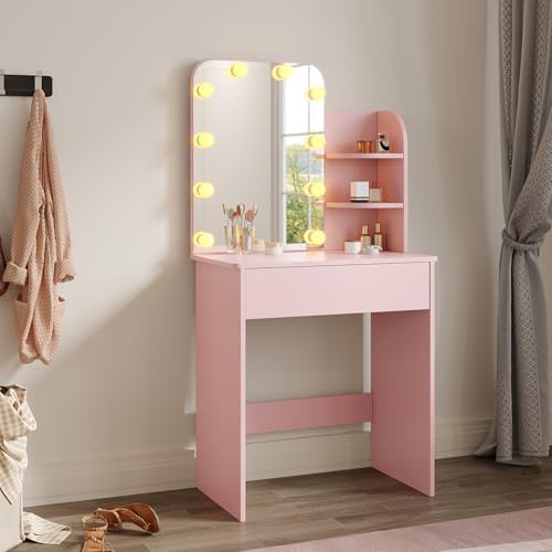 ZANOFIRA Dressing Table with LED Lights Mirror, Vanity Table with Dimming & 3 Color Modes