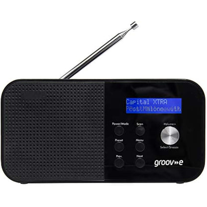 Groov-e Venice DAB & FM Digital Radio - Built-In Alarm Clock & Bluetooth Connectivity - LCD Display - Mains or Battery Operated - Portable Radio - 20 Preset Stations - Black