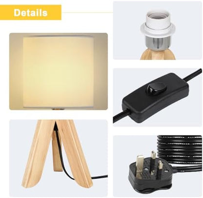 UOMIO Wooden Tripod Lamps Set of 2 Tripod Table Lamps with Wooden Base and Fabric Shade Lights Small Bedside Lamps for Warm Atmosphere Bed Room Living Room Decoration