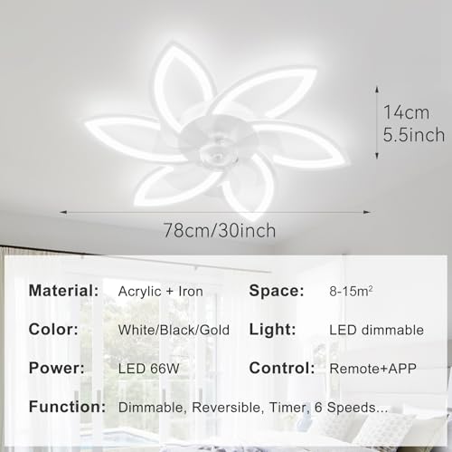 YUNLONG 30.7" Ceiling Fans with Lights and Remote Led Living Room Dimmable Ceiling Lights DC Motor Ceiling Fans with Lamps Reversible 6-Speed Lighting