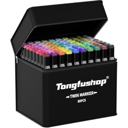 Tongfushop 80 Colored Marker Set, Dual Tip Alcohol Markers, Colouring Pens for Adults, Permanent Art Felt Tip Pens for Drawing, Sketching, Anime, Manga, Fun doodling with Carrying Case & Storage Base