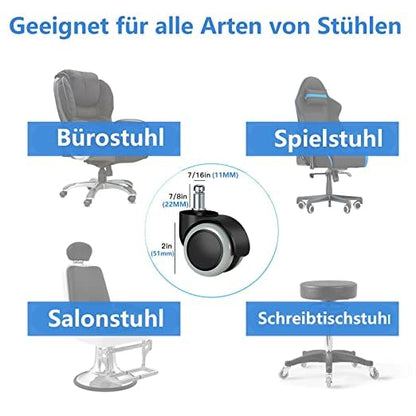 Office chair wheels (set of 5) - 11mmX22mm replacement hard floor castor wheels for gaming chair, desk chair, office chair castors to protect floors