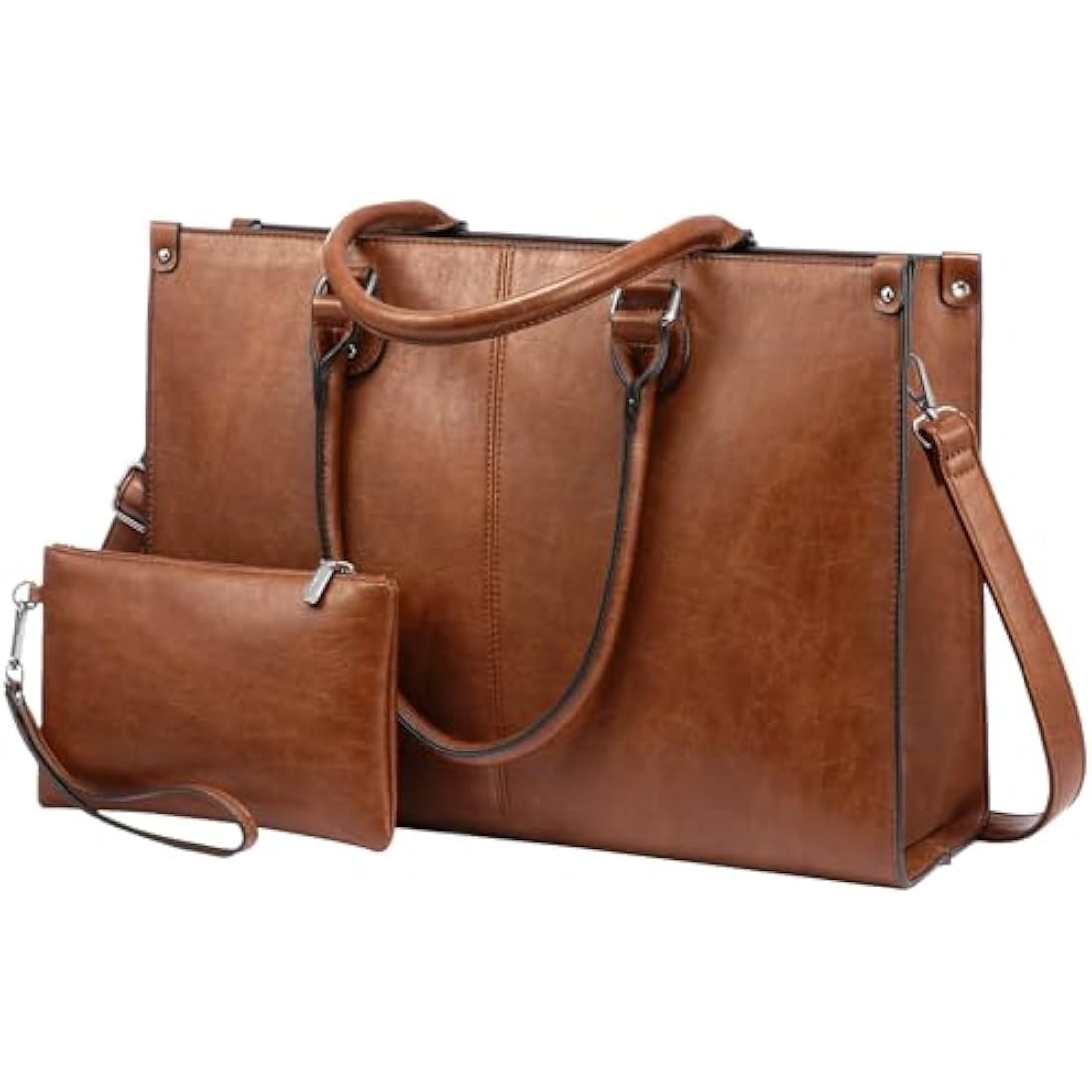 LOVEVOOK Laptop Bags for Women,15.6 Inch PU Leather Tote Bag with Wristlet Pouch, Retro Ladies Handbag Shoulder Bag Briefcase for Work School Office Business,Brown