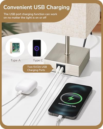 EDISHINE Bedside Lamps Set of 2, 3 Way Dimmable Table Lamps with USB A+C Charging Ports, LED Bulb Included, Touch Lamps for Bedroom, Living Room, Beige Linen Lampshade, 2700K