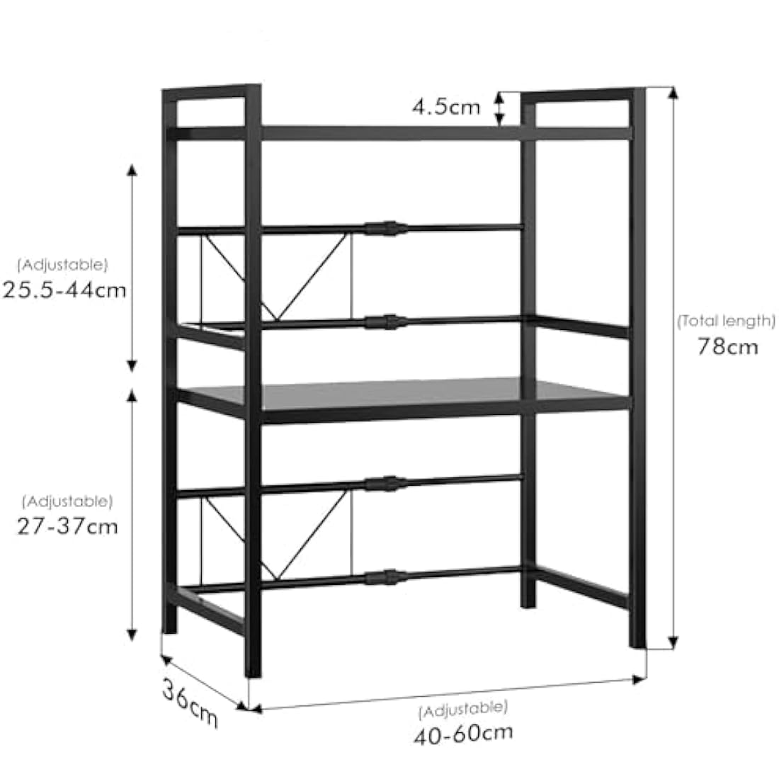 Haipky 3-Tier Expandable Microwave Oven Rack with 6 Hooks, Adjustable Metal Kitchen Shelf Stand for Countertop, Black Baker Rack Organizer