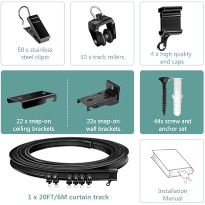 Ceiling Curtain Track for Bay Window, 6M/20FT Flexible Bendable Curtain Rail Track Ceiling Wall Mounted, Plastic Ceiling Track System for Shower Room Divider RV, Black Curtains Tracks and Fittings