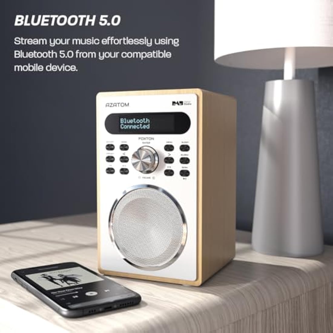 DAB/DAB+ & FM Digital Radio | Simple Controls | Dual Alarms & Sleep Timer | Mains Powered | Bluetooth | USB Device Charging | Perfect for Home, Office or Outdoors | AZATOM Foxton FX2 (Oak)