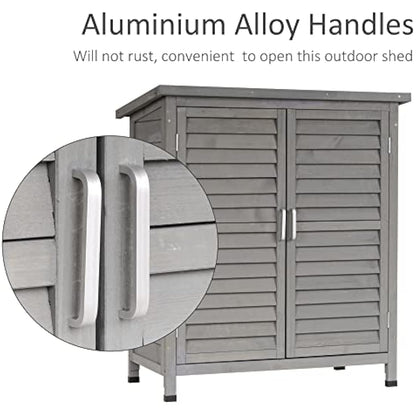 Outsunny Garden Shed Wooden Garden Storage Shed 2 Door Unit Solid Fir Wood Garage Tool Organisation Cabinet, 87L x 46.5W x 96.5Hcm, Grey