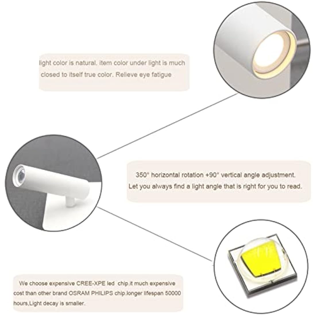 uksunvi LED Wall Mounted Lamp,Bedside Reading Wall Light,12W LED Wall Lamp, Adjustable Spotlight （3W +9W 3000K Warm Light） (White Square)