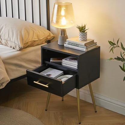 IBUYKE Nightstand, Mid-Century Modern Bedside Table with Legs, Minimalist and Practical End Side Table with 2 Tiers Storage Space, for Bedroom, Living Room, Black WNS004B