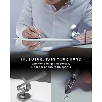 novium Hoverpen Future Edition - Fountain Pen & Rollerball Pen All-In Gift Box, Fine Nib, Futuristic Aesthetic, Luxury Metal Made Desk Pen, Free Spinning Executive Pen, Birthday Gifts (Frost Silver)