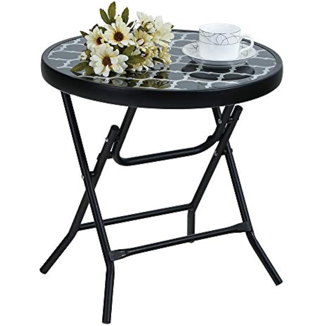 PHI VILLA Folding Side Table, Foldable Coffee Table, Outdoor Garden Table, Small Round Patio Table - Black