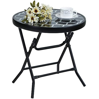 PHI VILLA Folding Side Table, Foldable Coffee Table, Outdoor Garden Table, Small Round Patio Table - Black