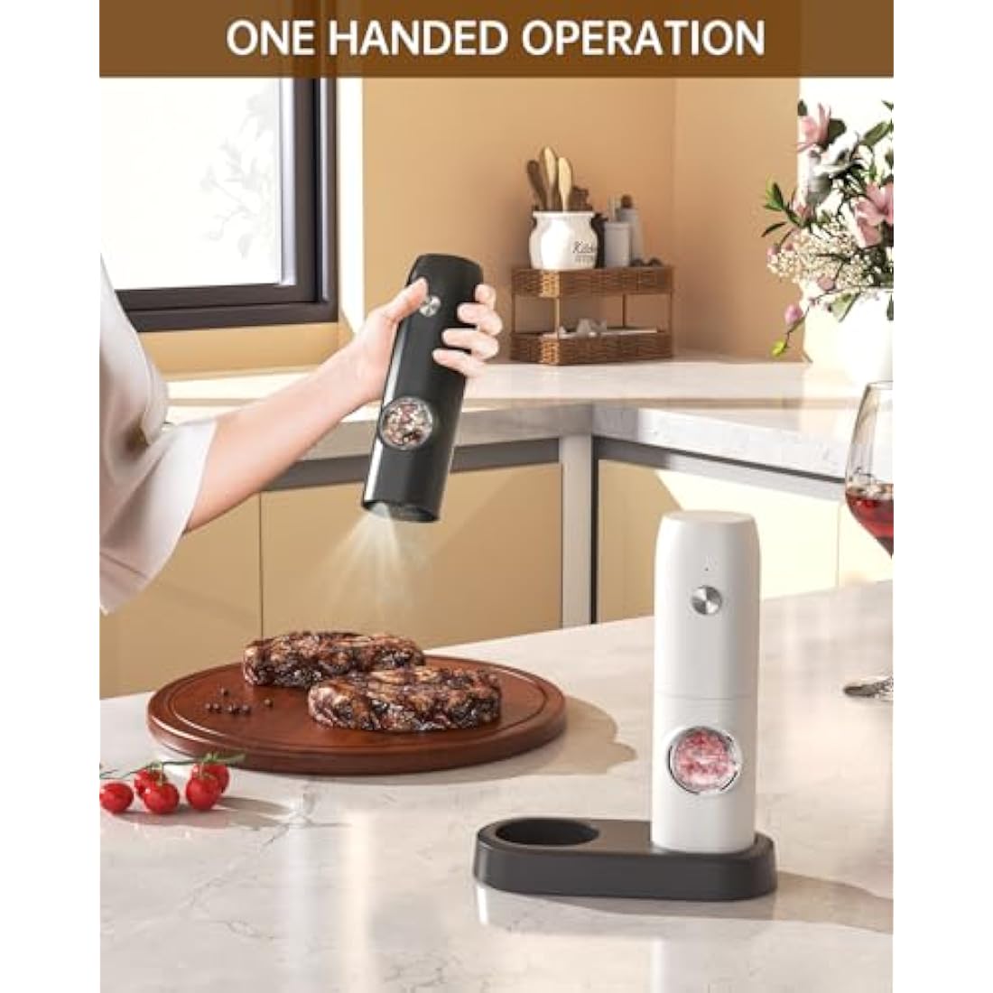 CIRCLE JOY Electric Pepper Grinder Mills, Rechargeable Salt and Pepper Set with Charging Base, Ceramic Grind and Adjustable Coarseness, Automatic Grinder for Home, Kitchen, Black White