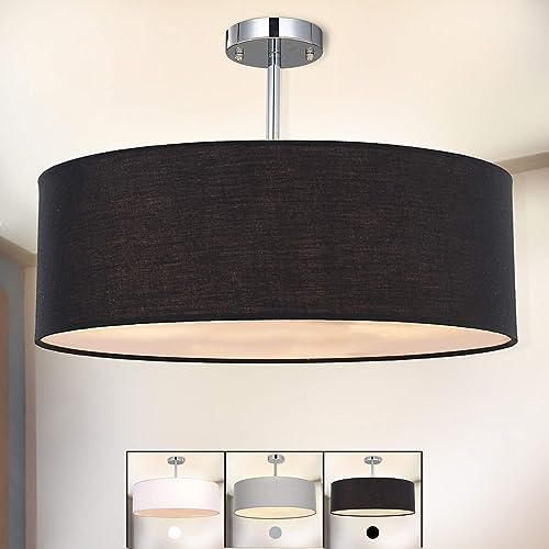 SPARKSOR Ceiling Light, Modern Fabric Pendant Light Shade, Large Black Drum Lampshade, Round Pendant Lamp, for Bedroom Living Room, Flush Chrome Matt, 3 Bulb, E27